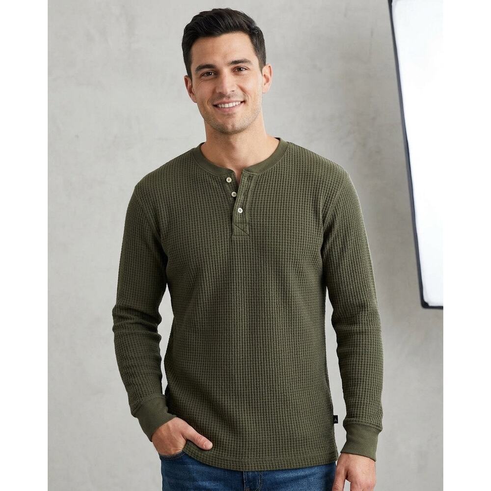 American Giant Henley Shirt Waffle Long Sleeve Olive Green Size Large NEW